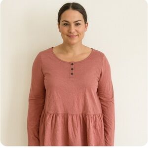 Lori Goldstein LOGO Womens XL Long Sleeve Peplum Top Pink 100% Cotton Made In In